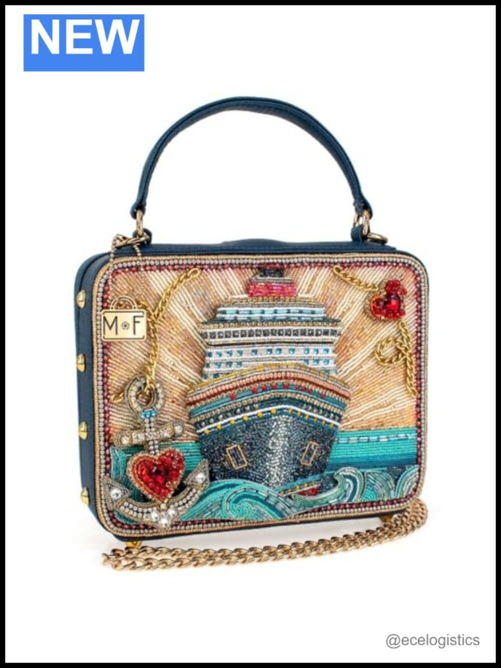 Hand-Beaded Cruise Ship Novelty Crossbody Bag with Jeweled Anchor Charm